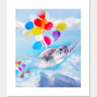 Cute Turtle Flying With Balloons Posters and Art